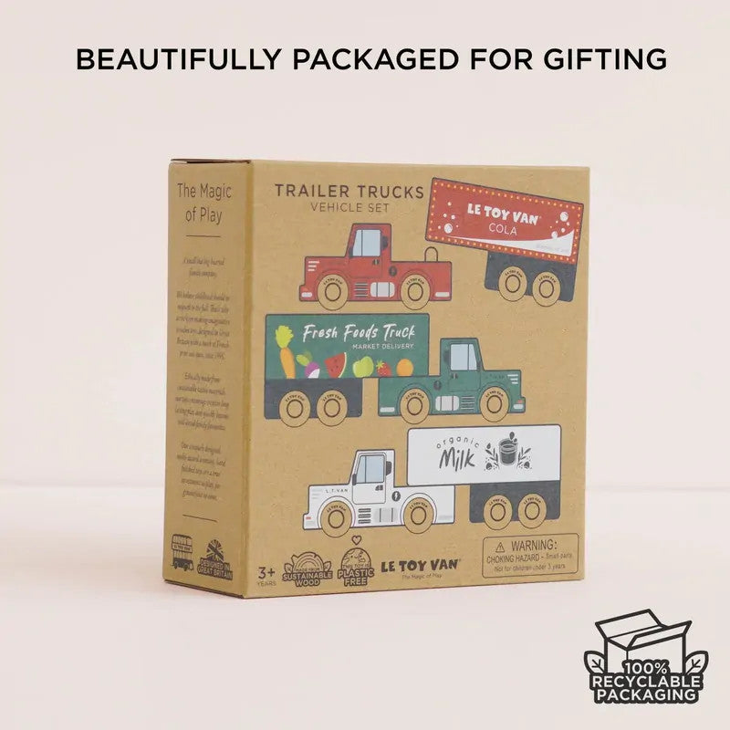 Le Toy Van Wooden Toy Trucks three FSC wood electric trucks with trailers – view 3