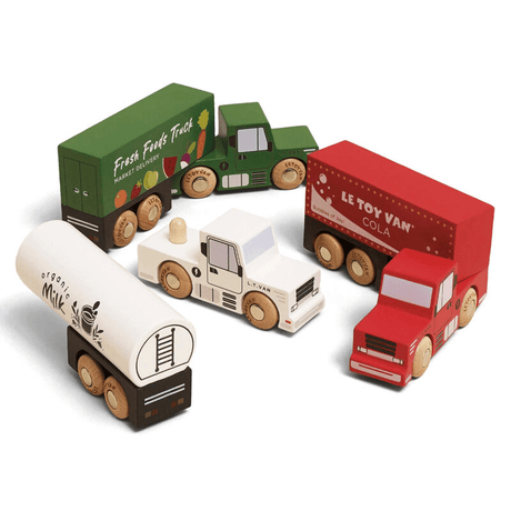 Le Toy Van Wooden Toy Trucks three FSC wood electric trucks with trailers – view 8
