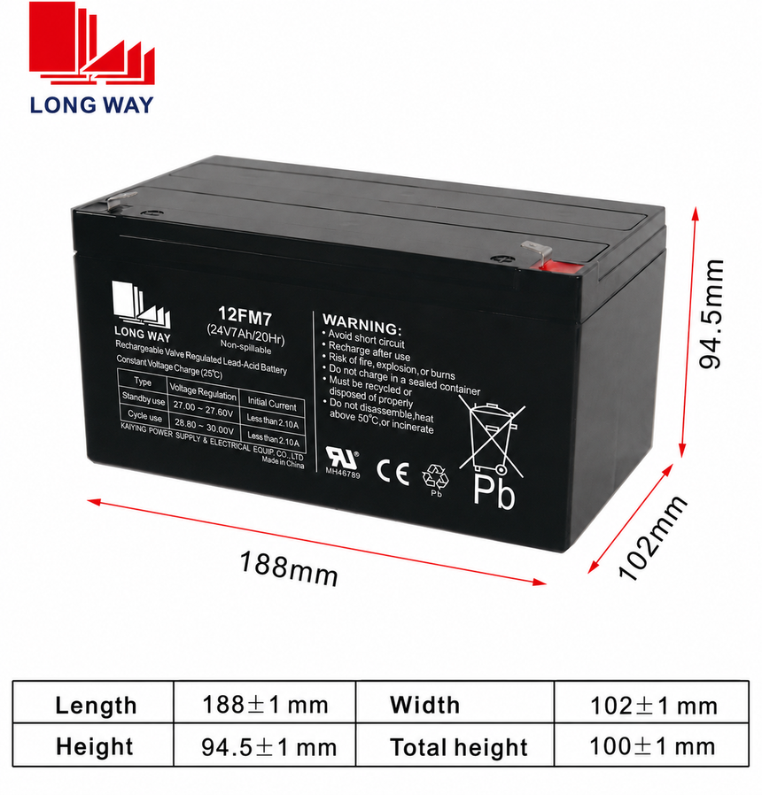 Longwei 24V 7Ah ride-on battery showing F2 spade terminals and dimensions