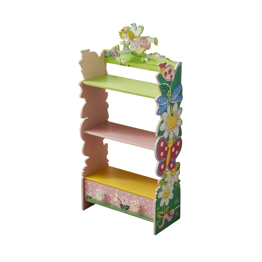 Olivia the Fairy girls bookcase showing painted flowers butterflies and shelves