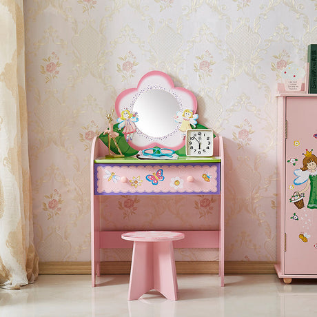 Side view of pink kids vanity set with fairy artwork