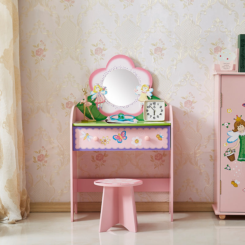 Side view of pink kids vanity set with fairy artwork