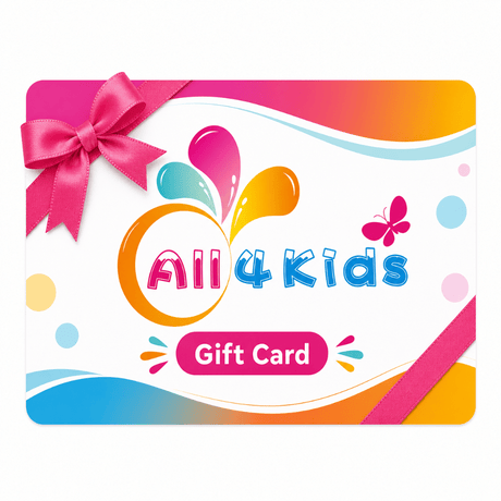 A colorful gift card for 'All 4 Kids' featuring a pink ribbon bow, playful paint splashes, a butterfly, and wavy blue and orange lines on a white background.