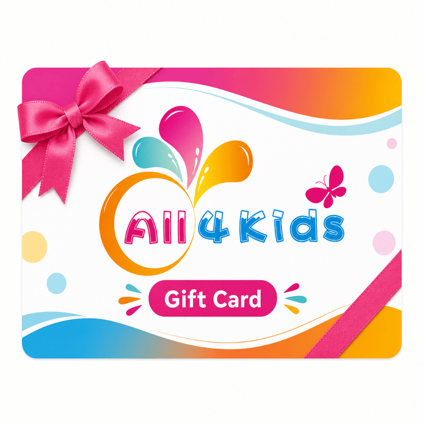 A colorful gift card for 'All 4 Kids' featuring a pink ribbon bow, playful paint splashes, a butterfly, and wavy blue and orange lines on a white background.