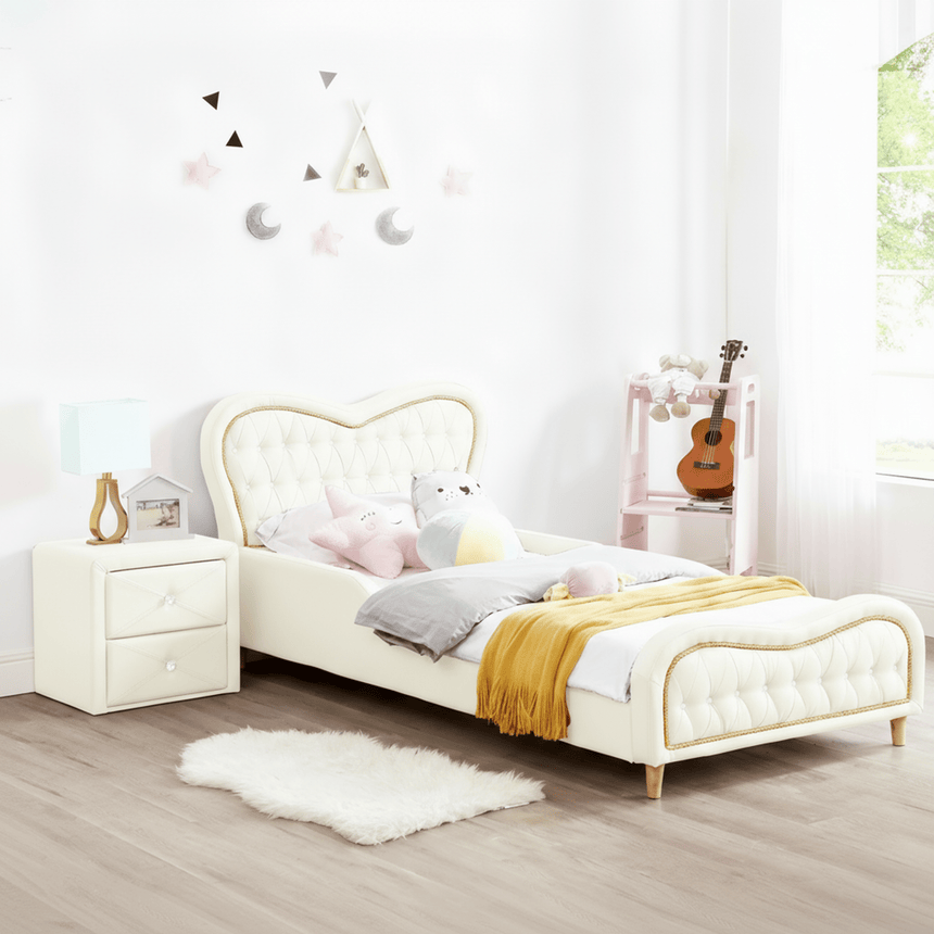 ALL 4 KIDS Brooklyn Heart PU Leather Single Upholstered Bed and Bedside Set- White