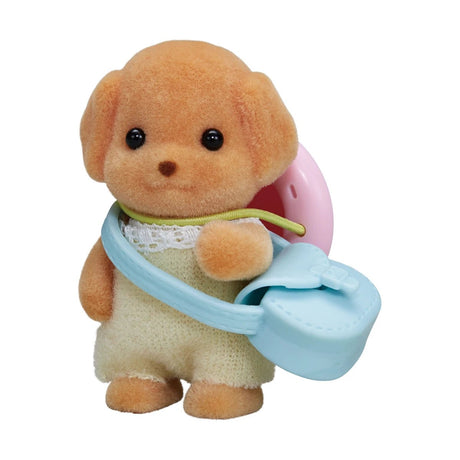 Sylvanian Families Toy Poodle Baby figure with blue bag accessory