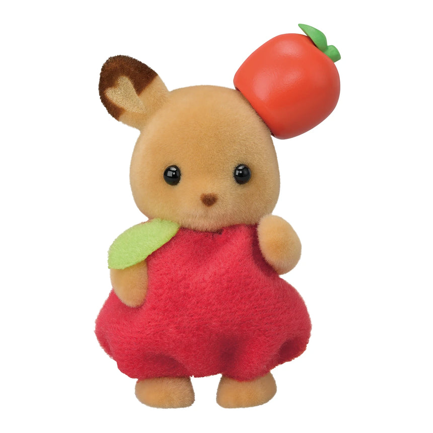 Close up of Sylvanian Families Baby Forest Costume Series deer baby in apple costume