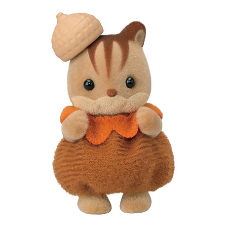 Close up of Sylvanian Families Baby Forest Costume Series walnut squirrel baby in acorn costume