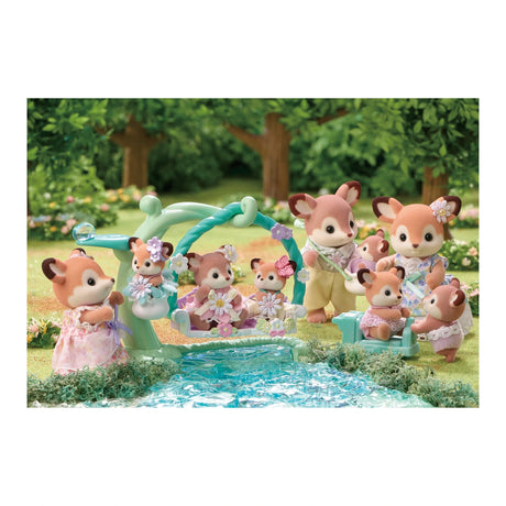 Sylvanian Families Deer Family playing by the water in a forest scene