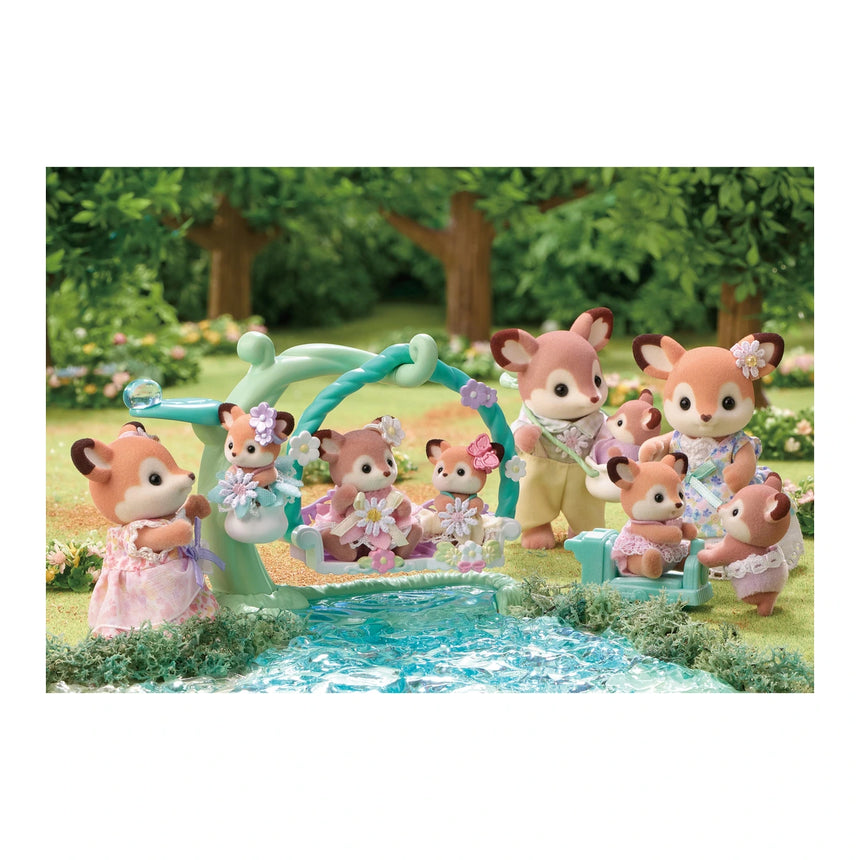 Sylvanian Families Deer Family playing by the water in a forest scene