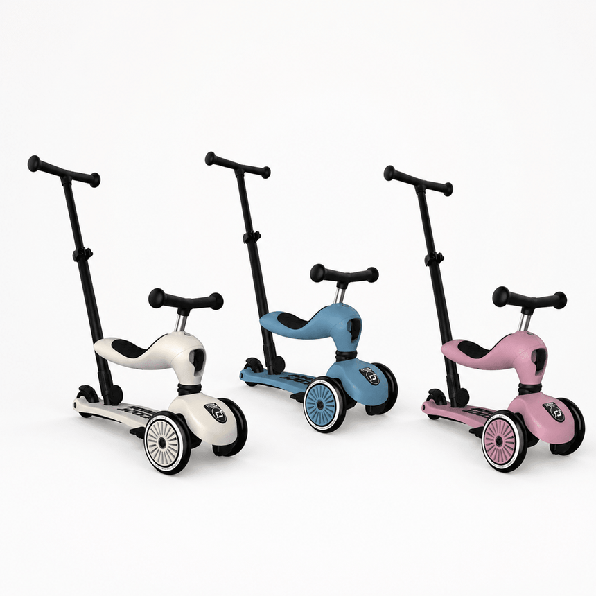 Scoot & Ride Push & Go toddler scooters in Ash, Steel and Wildberry with parent push bars