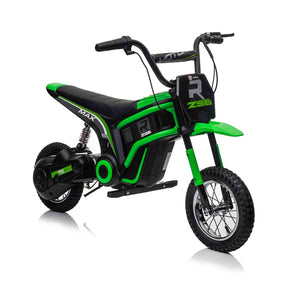 All 4 Kids SX2328 24V kids electric dirt bike in green, front angle with chain motor