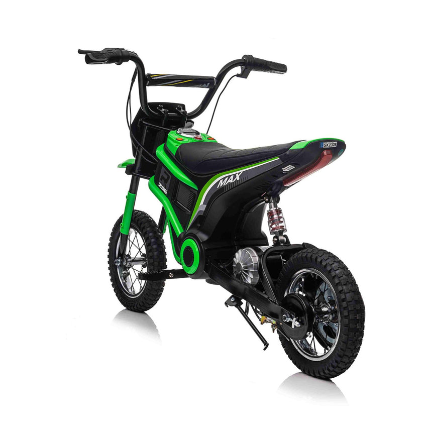 Front view of All 4 Kids SX2328 green 24V electric dirt bike with handlebar controls