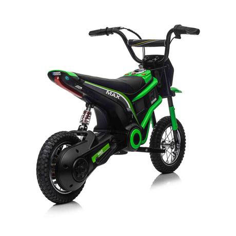 Rear angle of All 4 Kids SX2328 24V kids electric dirt bike showing chain drive and rear suspension