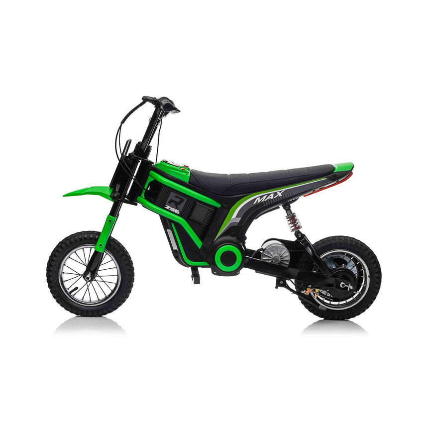 Seat and frame detail on All 4 Kids SX2328 green 24V kids electric dirt bike