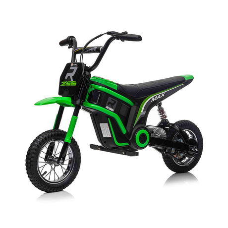 Side view of All 4 Kids SX2328 green 24V electric dirt bike for kids