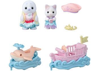 Sylvanian Families Ride the Waves seal and baby cat figures