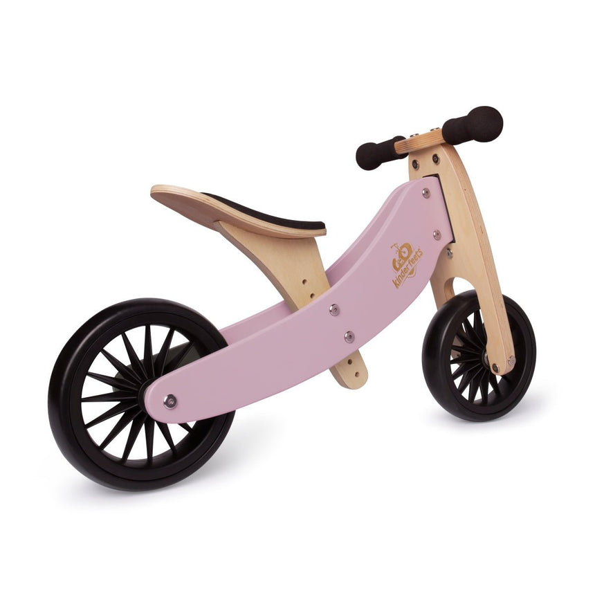 Kinderfeets Tiny Tot Plus Lavender wooden balance bike in two-wheel mode, side view