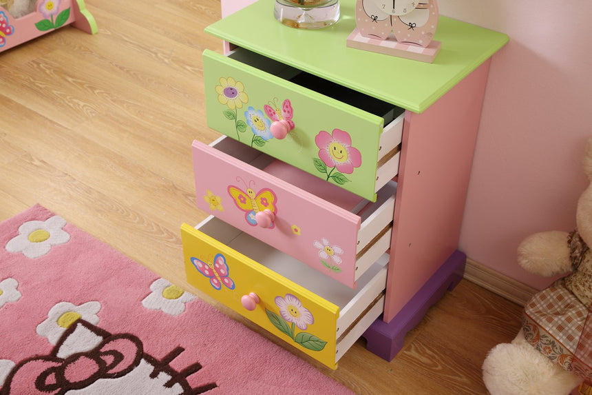 Butterfly and flower artwork detail on Olivia Fairy bedside table