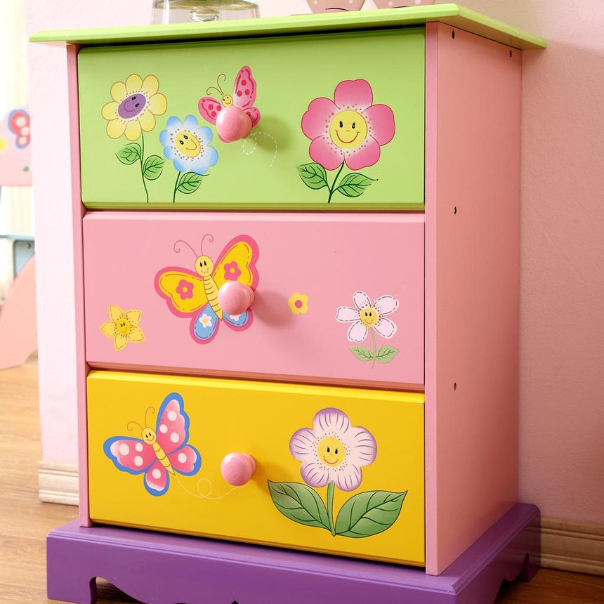 Front view of Olivia Fairy kids 3 drawer bedside table