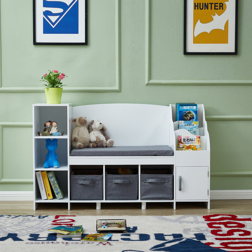 All 4 Kids Theodore White Book Case with Storage and Cushion