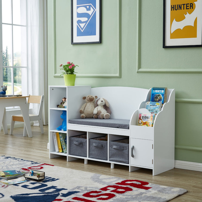 All 4 Kids Theodore White Book Case with Storage and Cushion