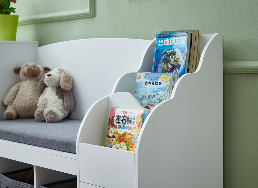 All 4 Kids Theodore White Book Case with Storage and Cushion