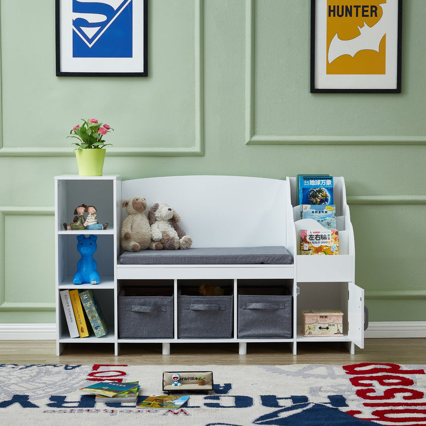All 4 Kids Theodore White Book Case with Storage and Cushion