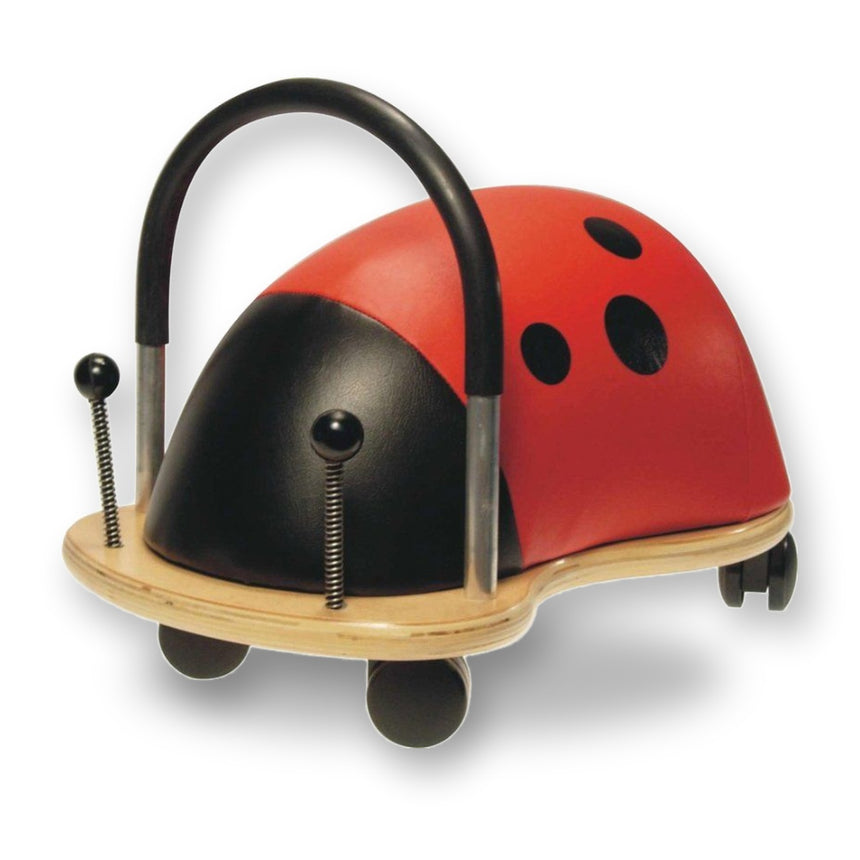 Wheely Bug Ride On Ladybug Large ride-on toy at an angle showing wooden poplar plywood base and castor wheels
