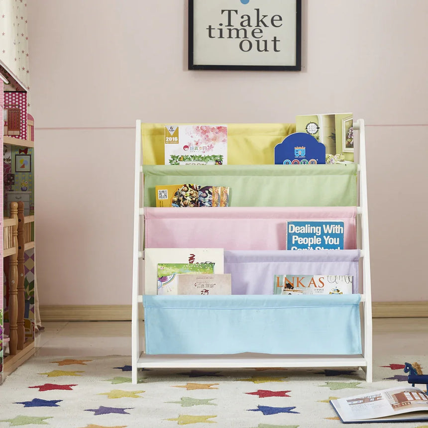 Front view of the Charlie White canvas sling bookcase with front-facing books on pastel fabric tiers