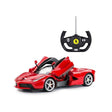Rastar 1:14 Ferrari LaFerrari RC car in red shown from a front 3/4 angle with both scissor doors open, displayed alongside the Ferrari-branded steering wheel remote controller.